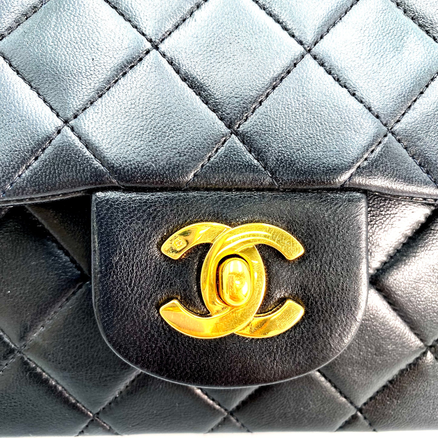 Shawn, Vintage Authentic Chanel 2 series small black classic flap with seal and card