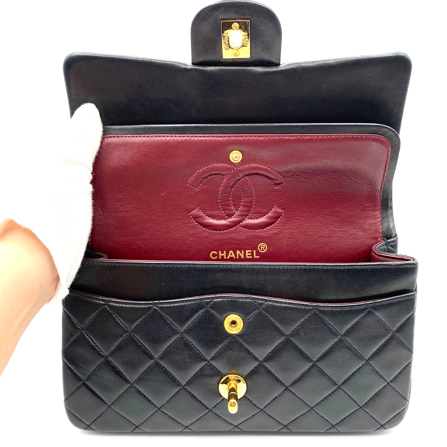 Shawn, Vintage Authentic Chanel 2 series small black classic flap with seal and card