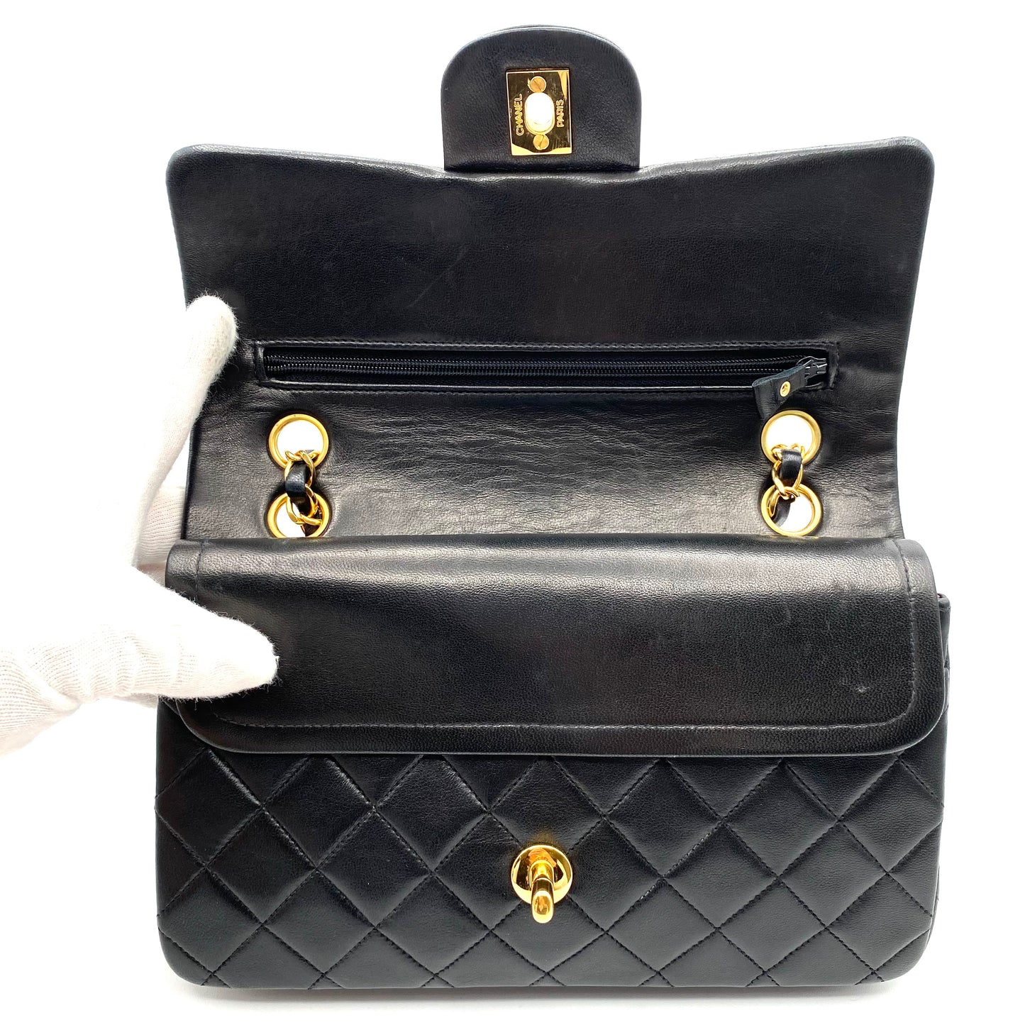 Shawn, Vintage Authentic Chanel 2 series small black classic flap with seal and card