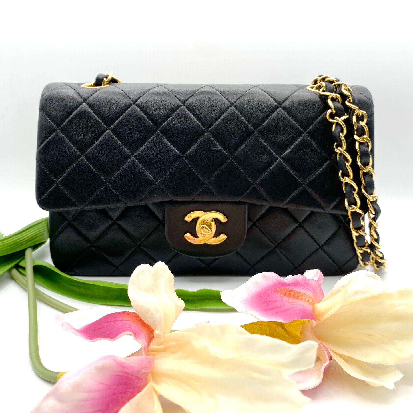 Shawn, Vintage Authentic Chanel 2 series small black classic flap with seal and card