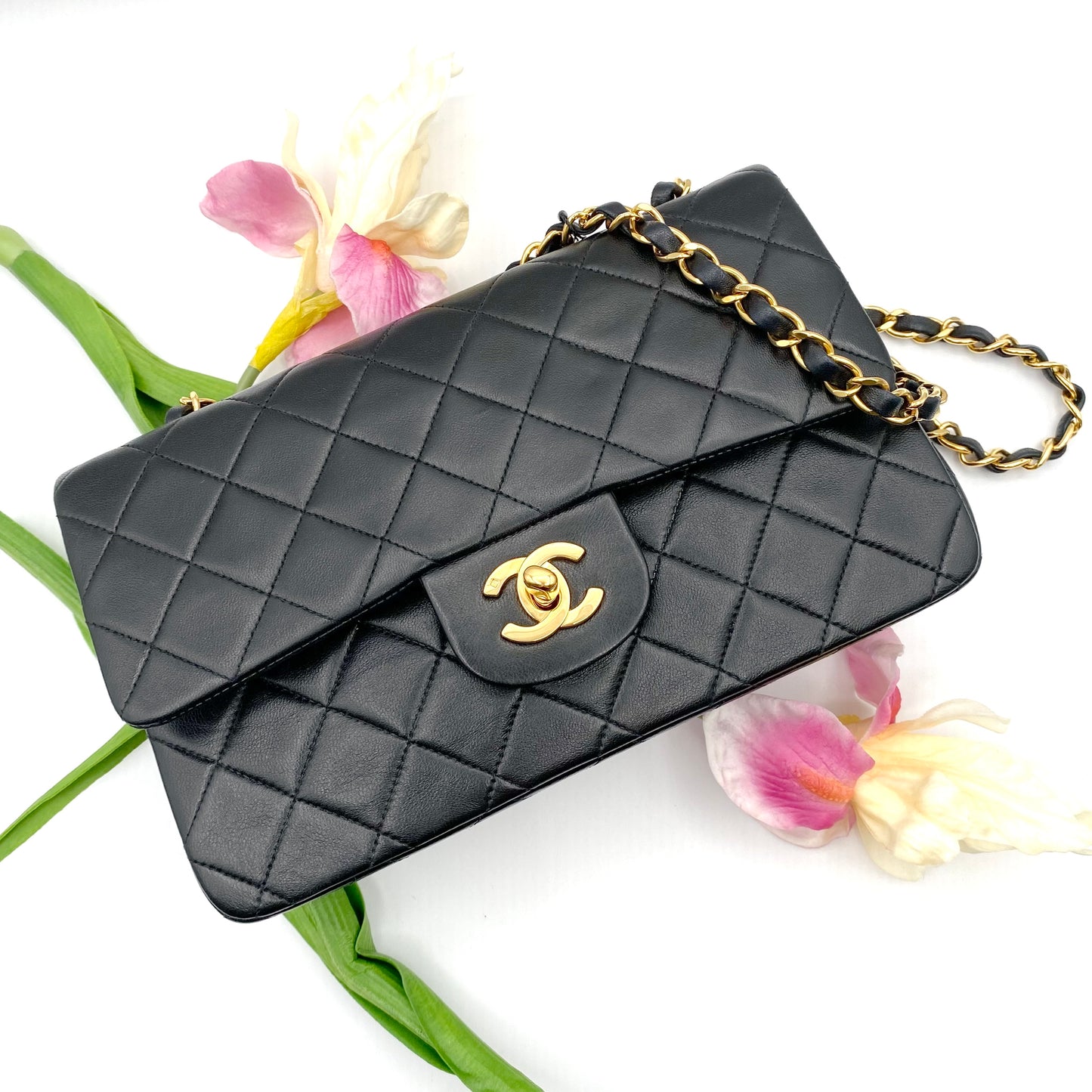 Shawn, Vintage Authentic Chanel 2 series small black classic flap with seal and card