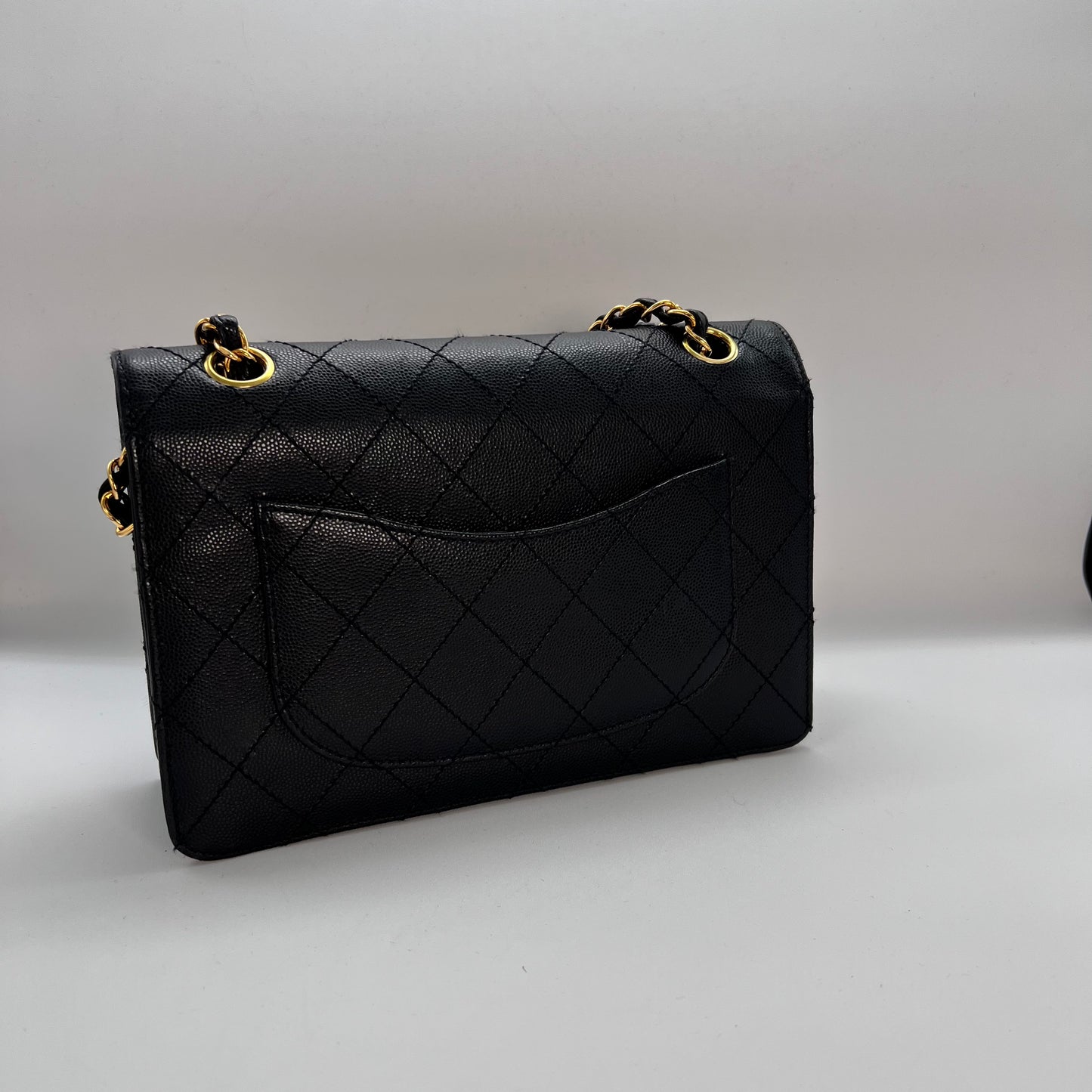 Cathy, Vintage Authentic Chanel 5 series chain wild stitch flap in black caviar with seal and card