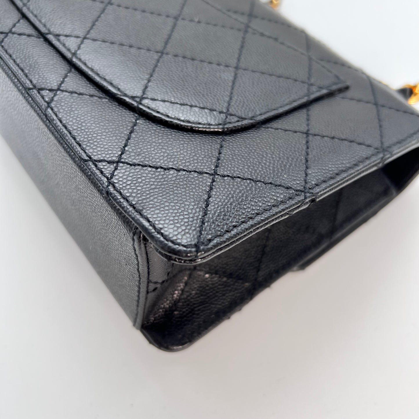 Cathy, Vintage Authentic Chanel 5 series chain wild stitch flap in black caviar with seal and card