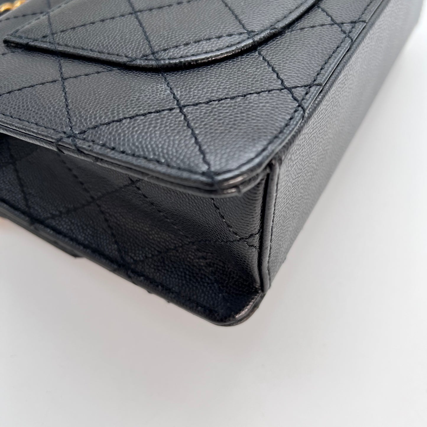 Cathy, Vintage Authentic Chanel 5 series chain wild stitch flap in black caviar with seal and card