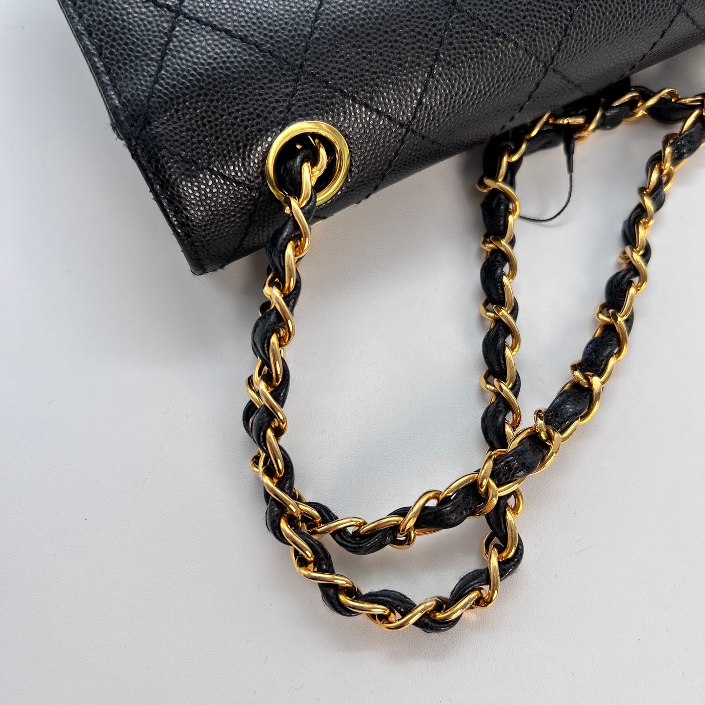 Cathy, Vintage Authentic Chanel 5 series chain wild stitch flap in black caviar with seal and card