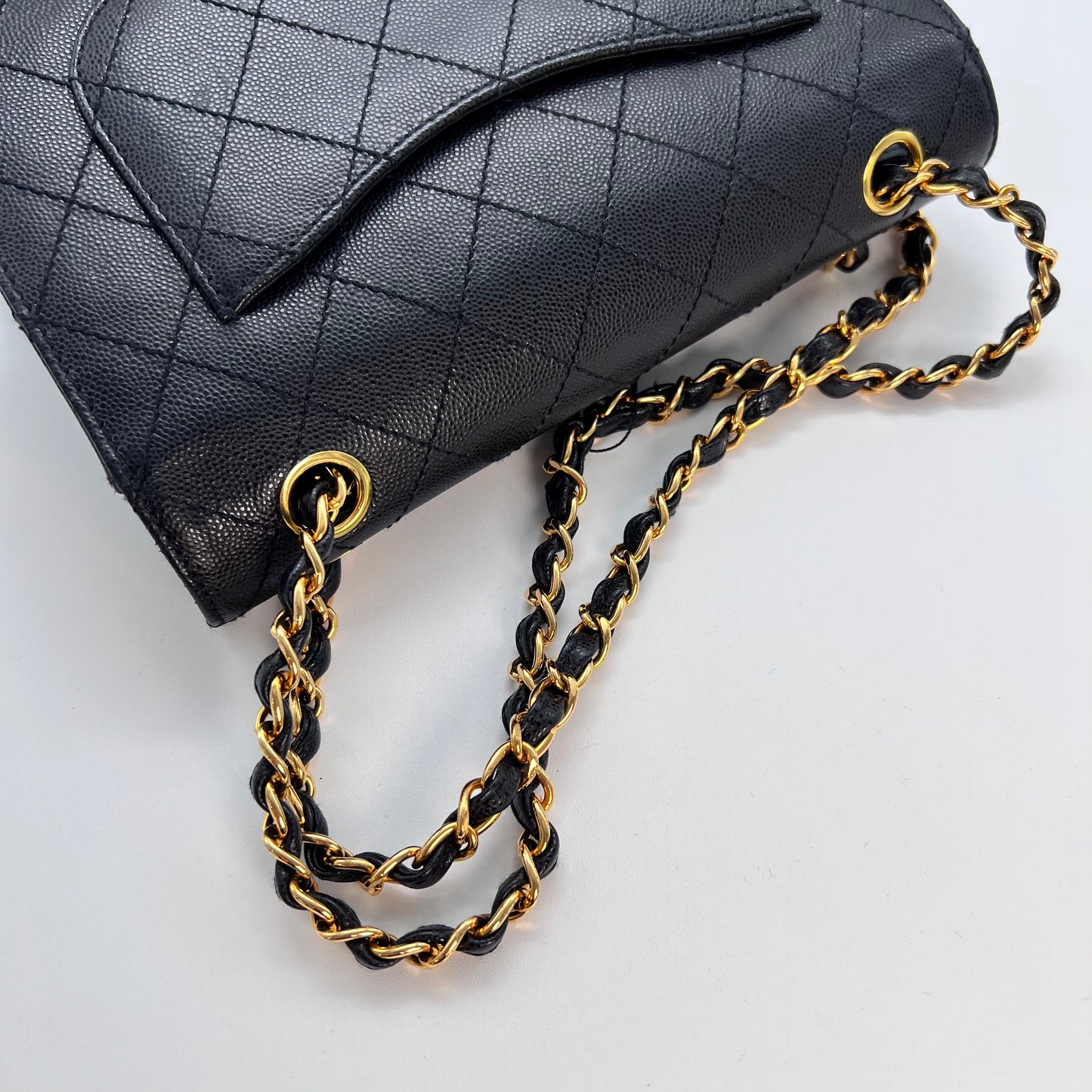 Cathy, Vintage Authentic Chanel 5 series chain wild stitch flap in black caviar with seal and card
