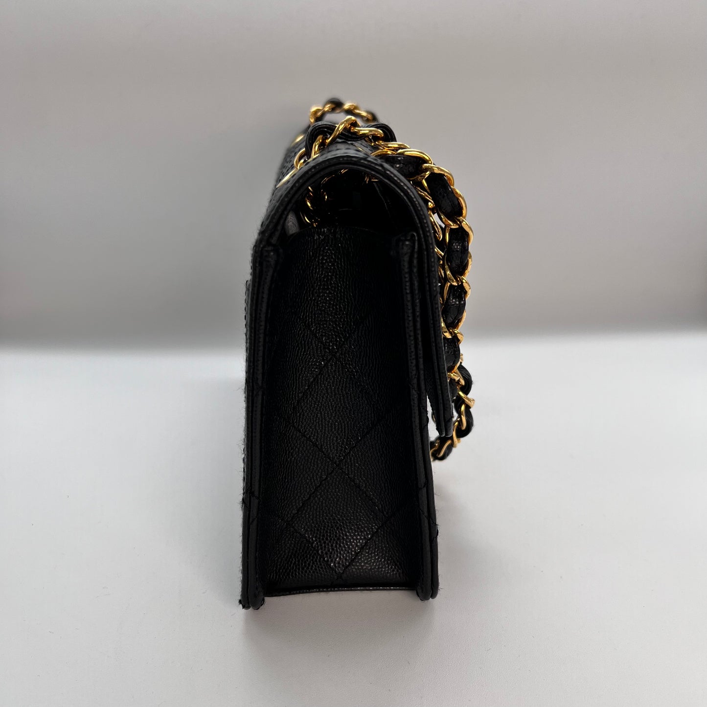Cathy, Vintage Authentic Chanel 5 series chain wild stitch flap in black caviar with seal and card