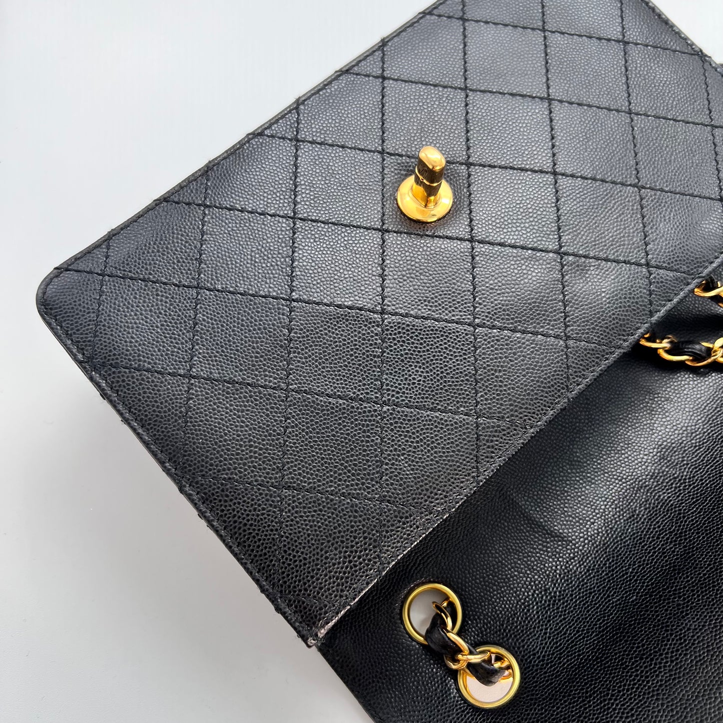 Cathy, Vintage Authentic Chanel 5 series chain wild stitch flap in black caviar with seal and card