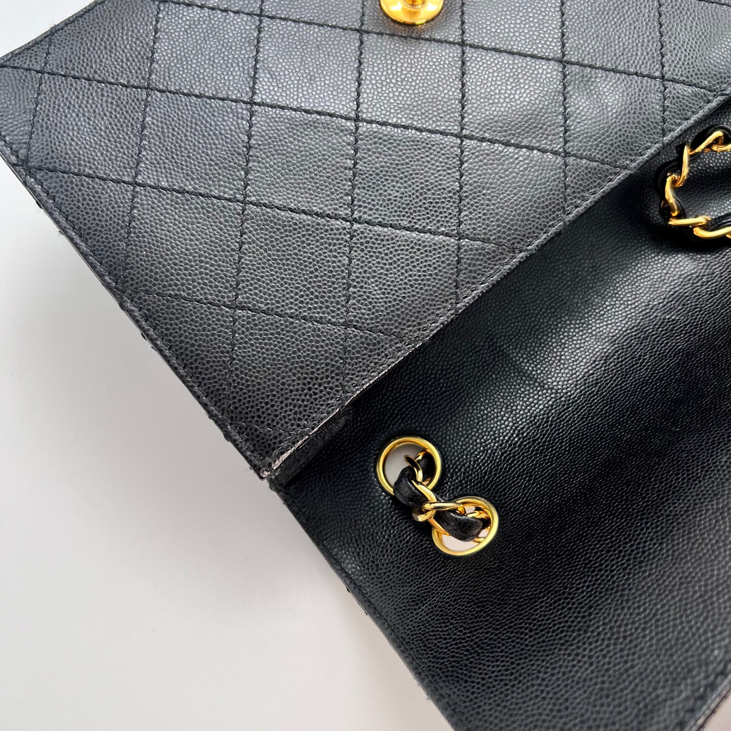 Cathy, Vintage Authentic Chanel 5 series chain wild stitch flap in black caviar with seal and card