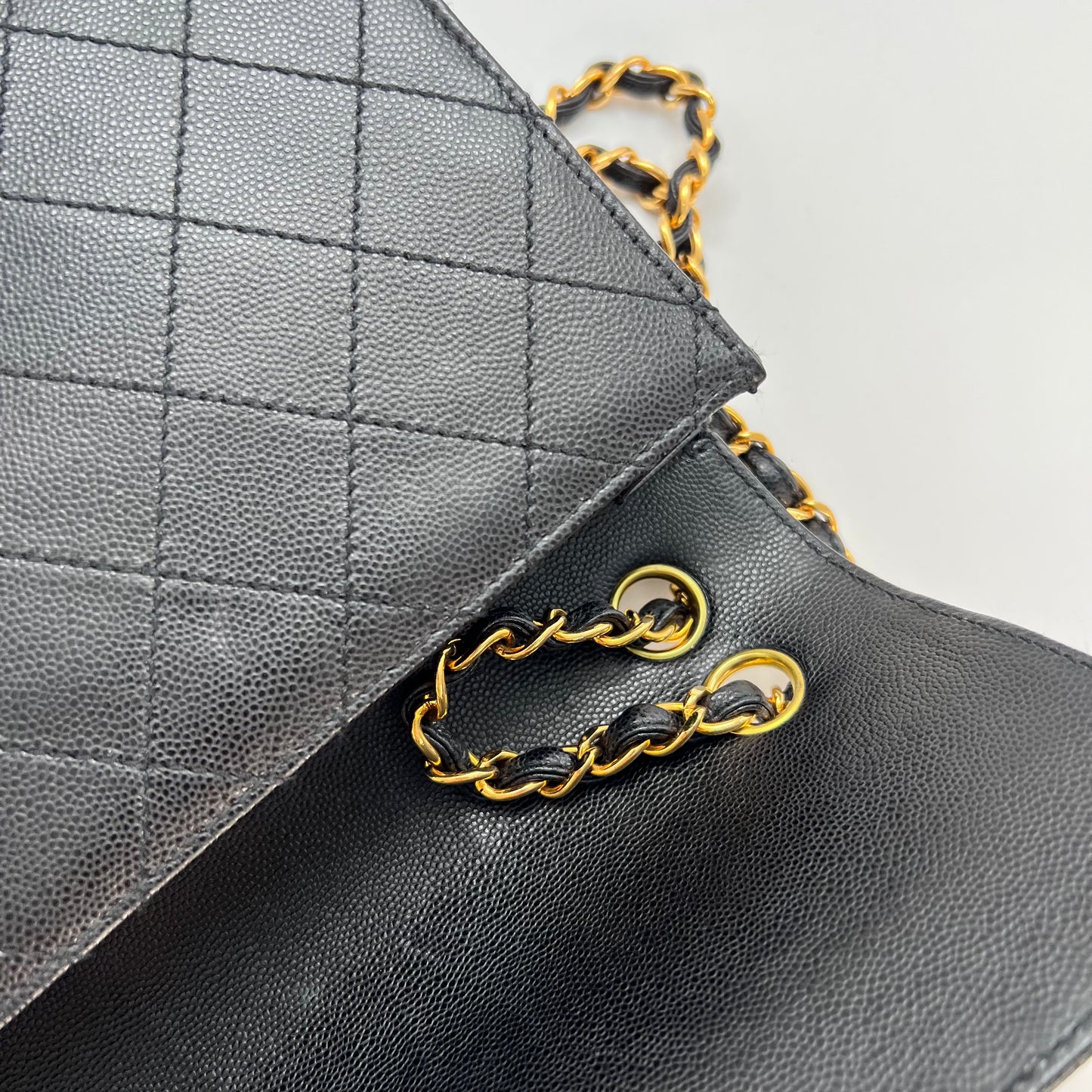 Cathy, Vintage Authentic Chanel 5 series chain wild stitch flap in black caviar with seal and card