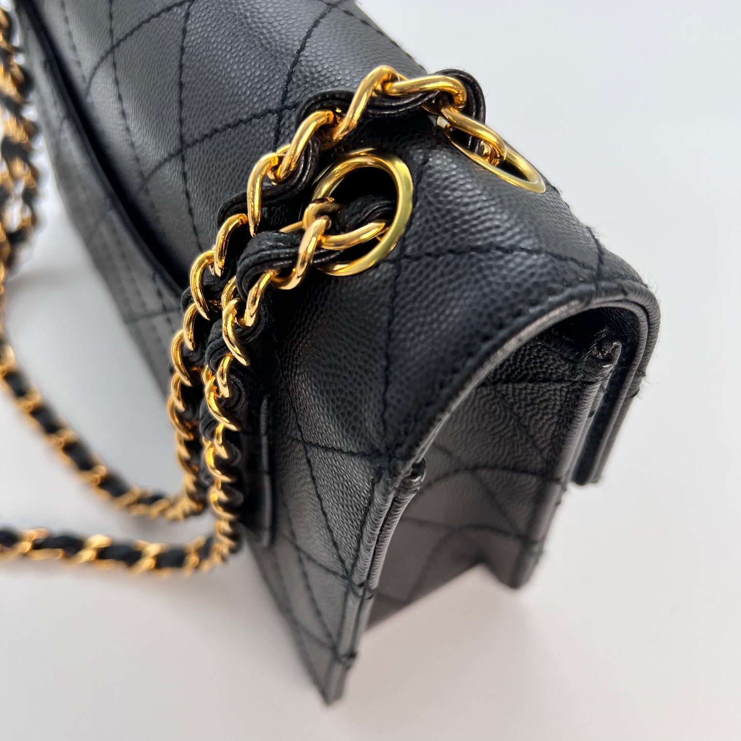 Cathy, Vintage Authentic Chanel 5 series chain wild stitch flap in black caviar with seal and card