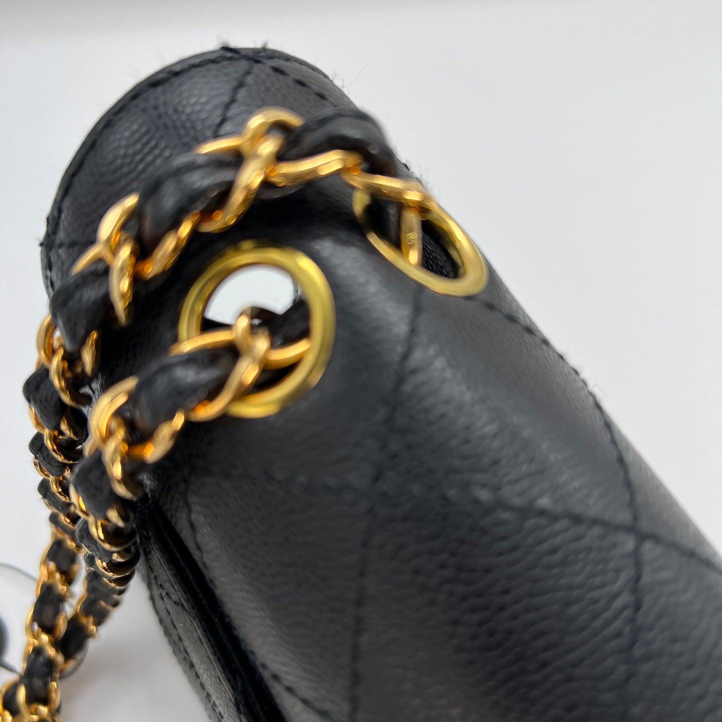 Cathy, Vintage Authentic Chanel 5 series chain wild stitch flap in black caviar with seal and card