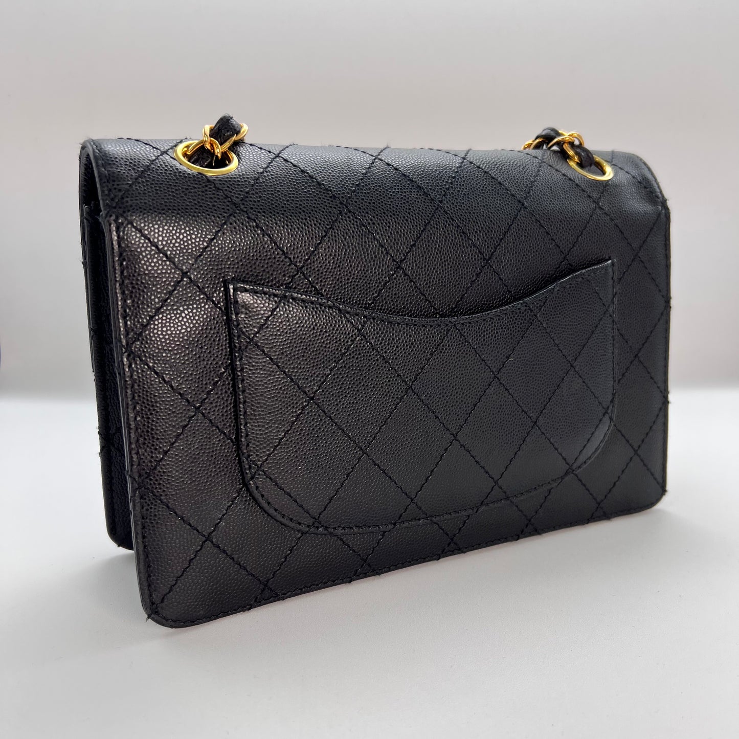 Cathy, Vintage Authentic Chanel 5 series chain wild stitch flap in black caviar with seal and card
