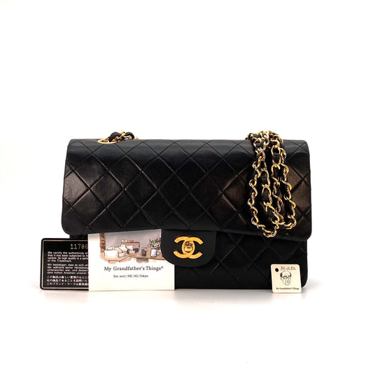 Miata, 1 Series Medium Classic Flap Black Lambskin with seal and card