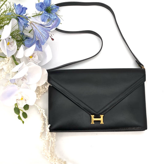 Posa, 1985 Lydie Black Boxcalf Clutch with stamp 〇O