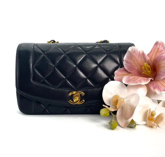 Theodoro, Vintage Authentic Chanel 2 series small black lambskin diana with seal and card