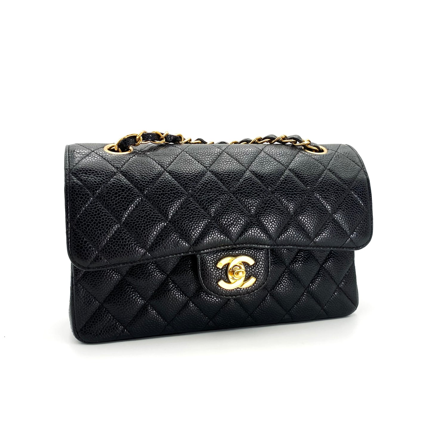 Bert, Vintage Authentic Chanel 6 series small classic flap black caviar with seal and card