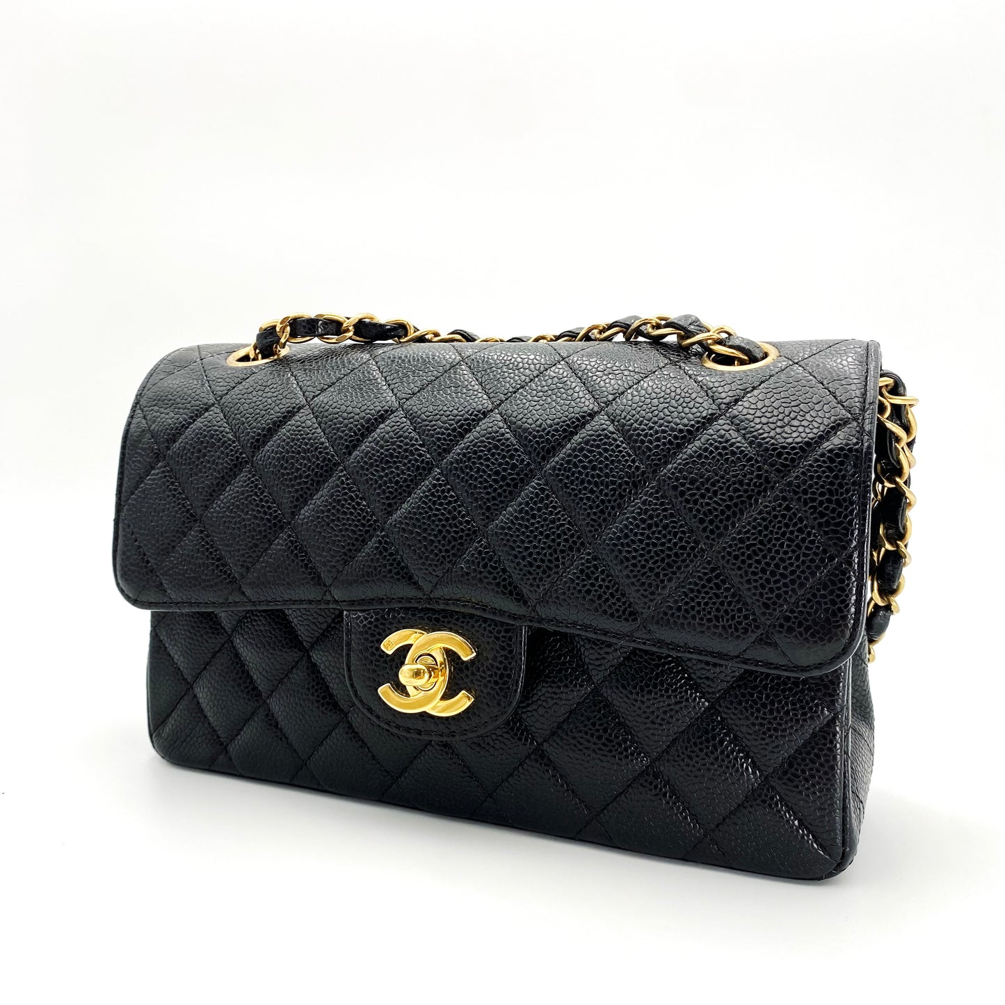 Bert, Vintage Authentic Chanel 6 series small classic flap black caviar with seal and card