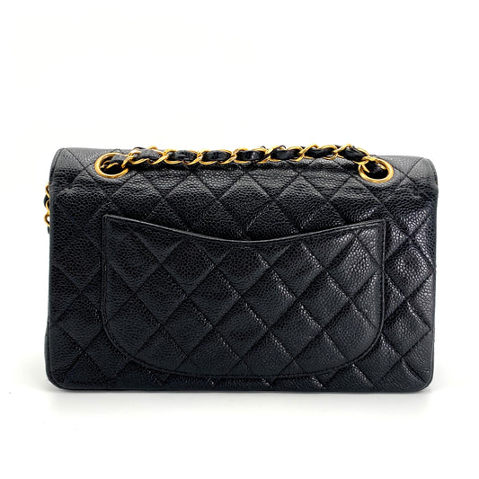 Steffan, Vintage Authentic Chanel 9 series medium classic flap black caviar with seal and card
