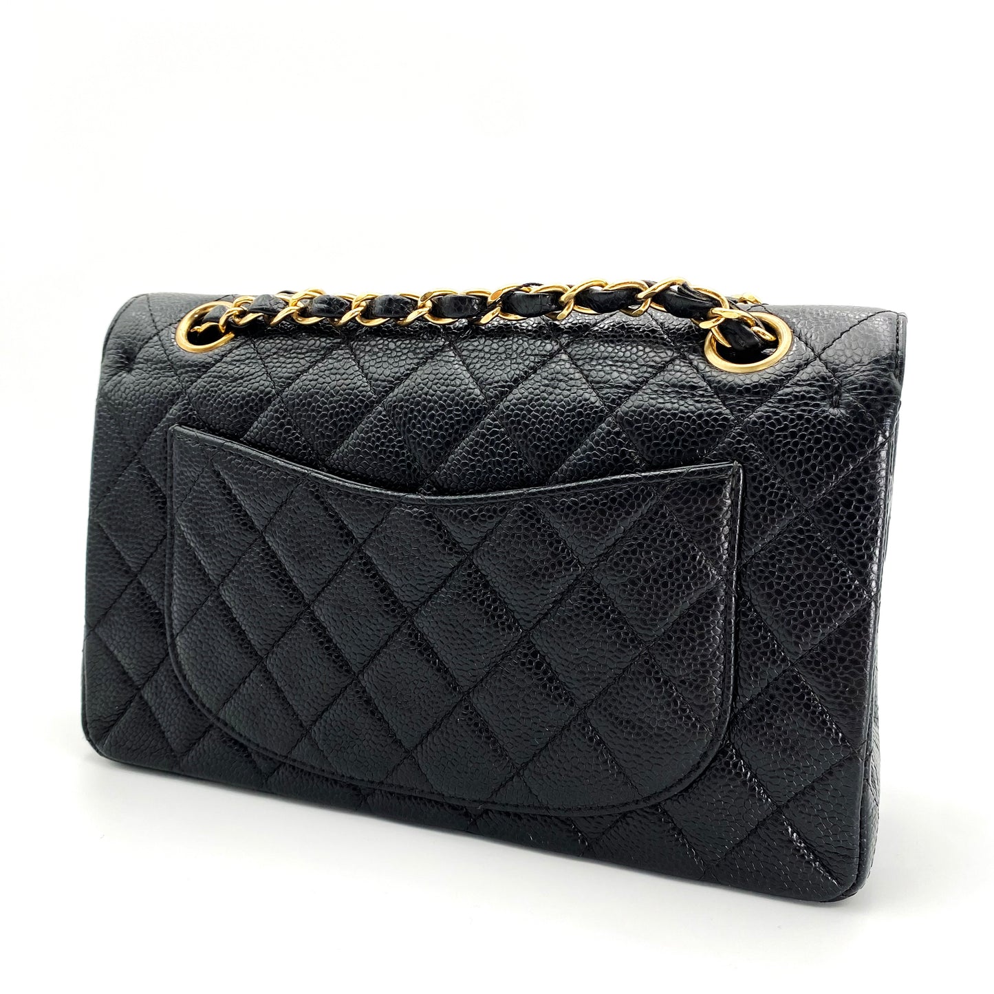 Bert, Vintage Authentic Chanel 6 series small classic flap black caviar with seal and card