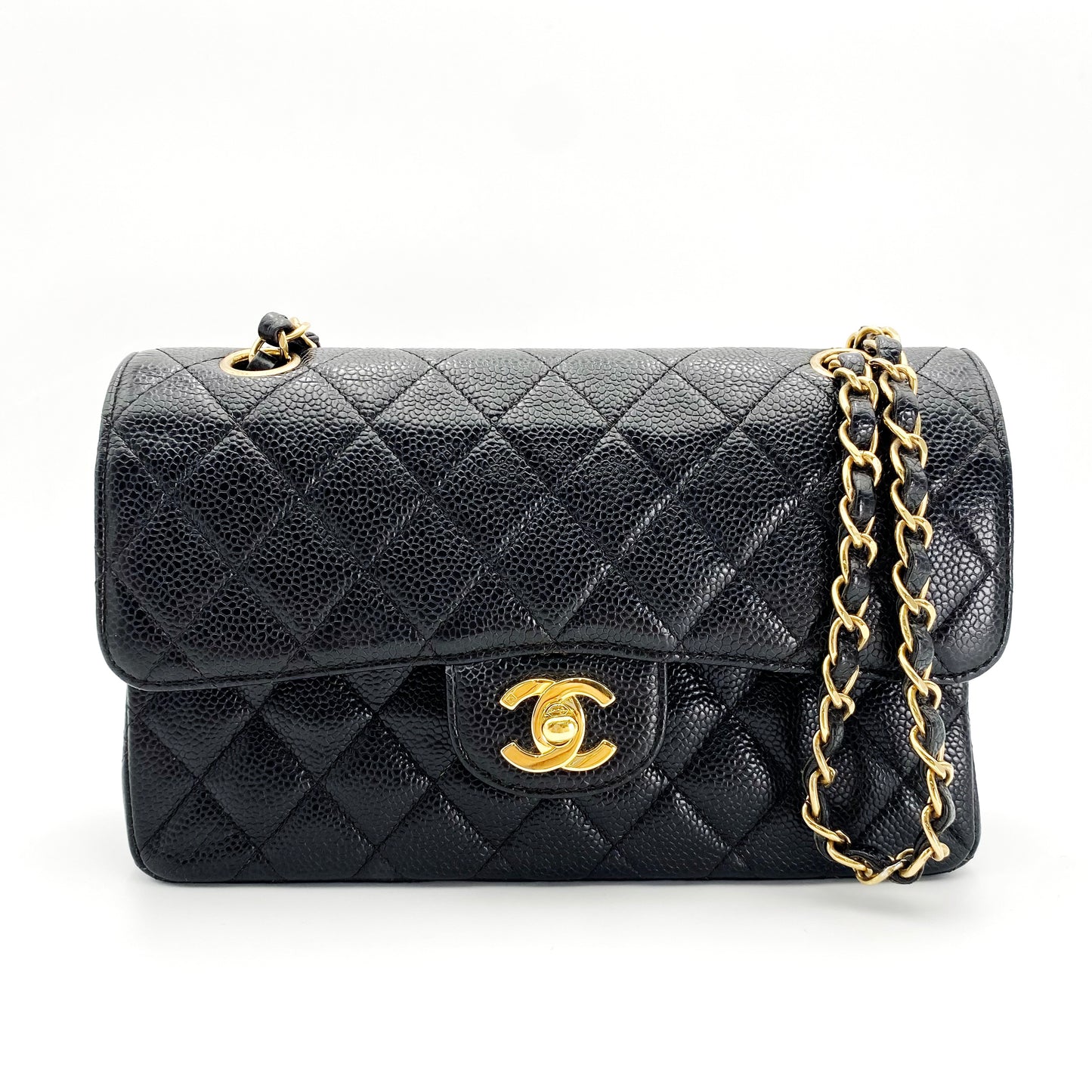 Bert, Vintage Authentic Chanel 6 series small classic flap black caviar with seal and card