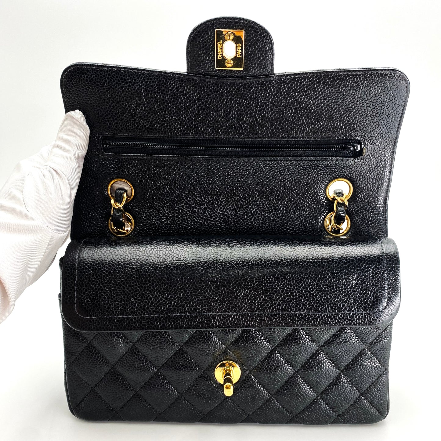 Bert, Vintage Authentic Chanel 6 series small classic flap black caviar with seal and card