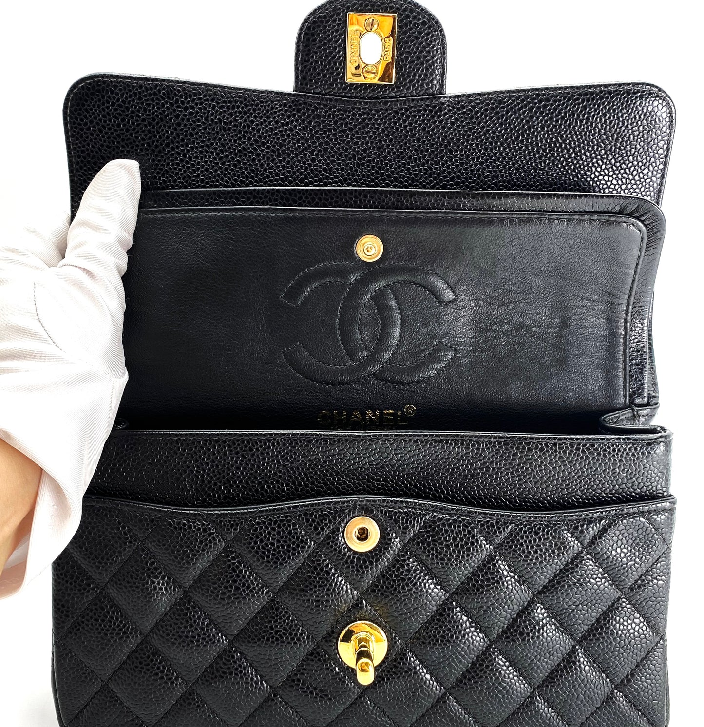 Bert, Vintage Authentic Chanel 6 series small classic flap black caviar with seal and card
