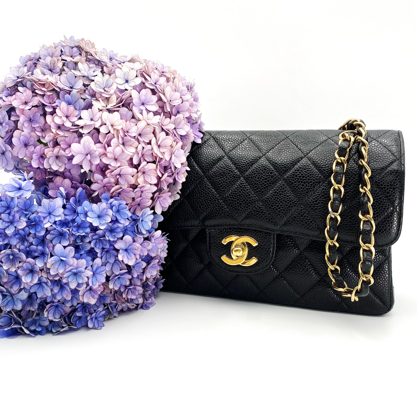 Bert, Vintage Authentic Chanel 6 series small classic flap black caviar with seal and card