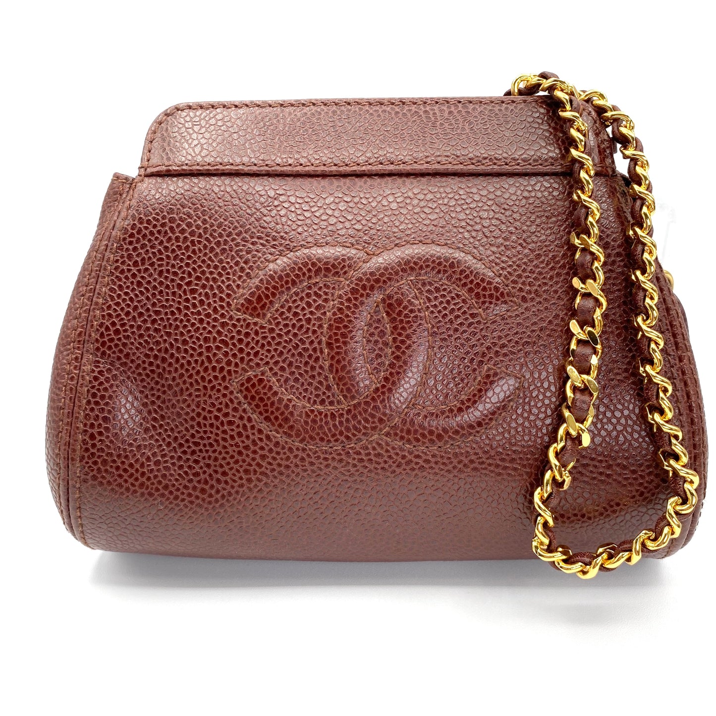 Eljayne, Vintage Authentic Chanel 5 series mini brown caviar "dumpling" with seal and card