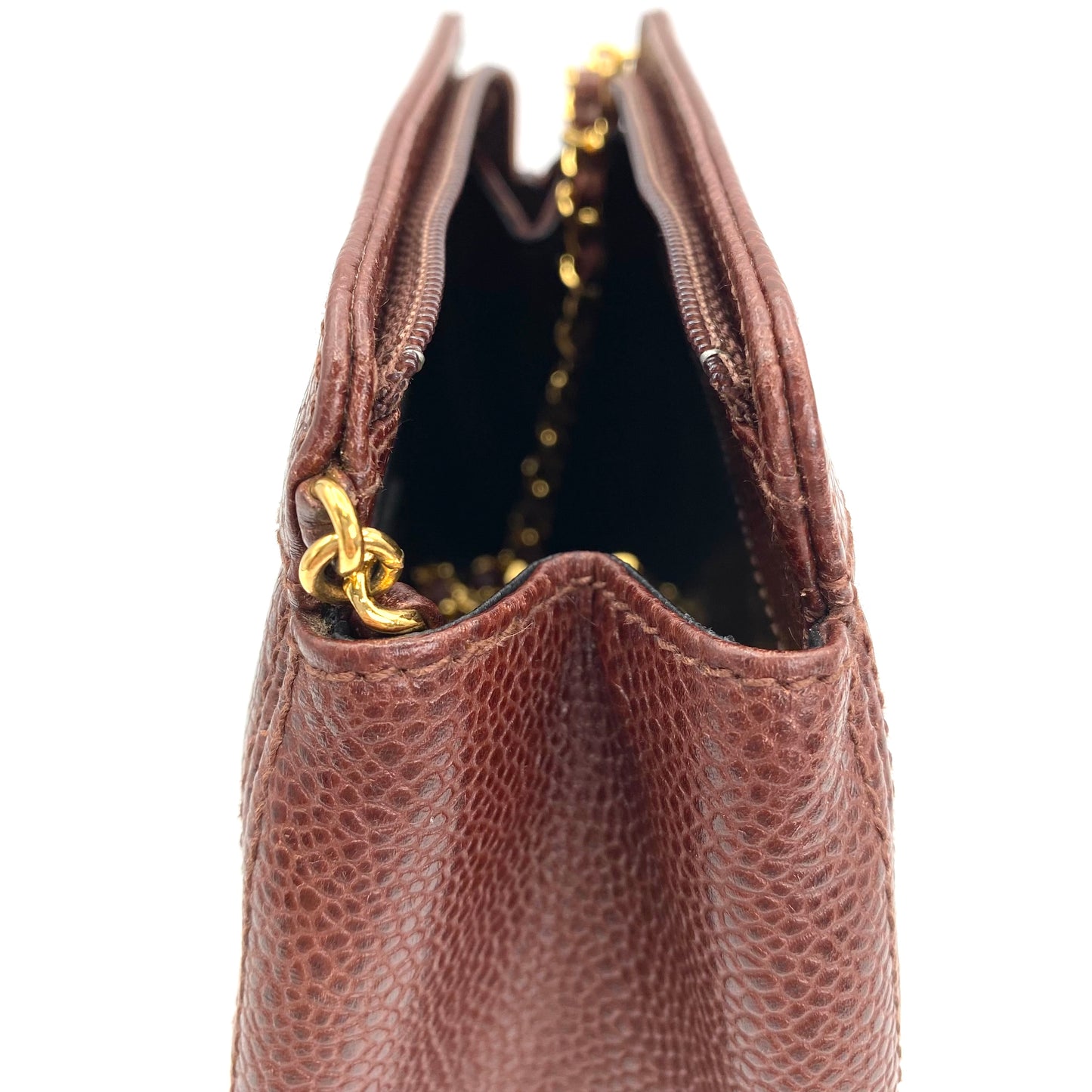 Eljayne, Vintage Authentic Chanel 5 series mini brown caviar "dumpling" with seal and card