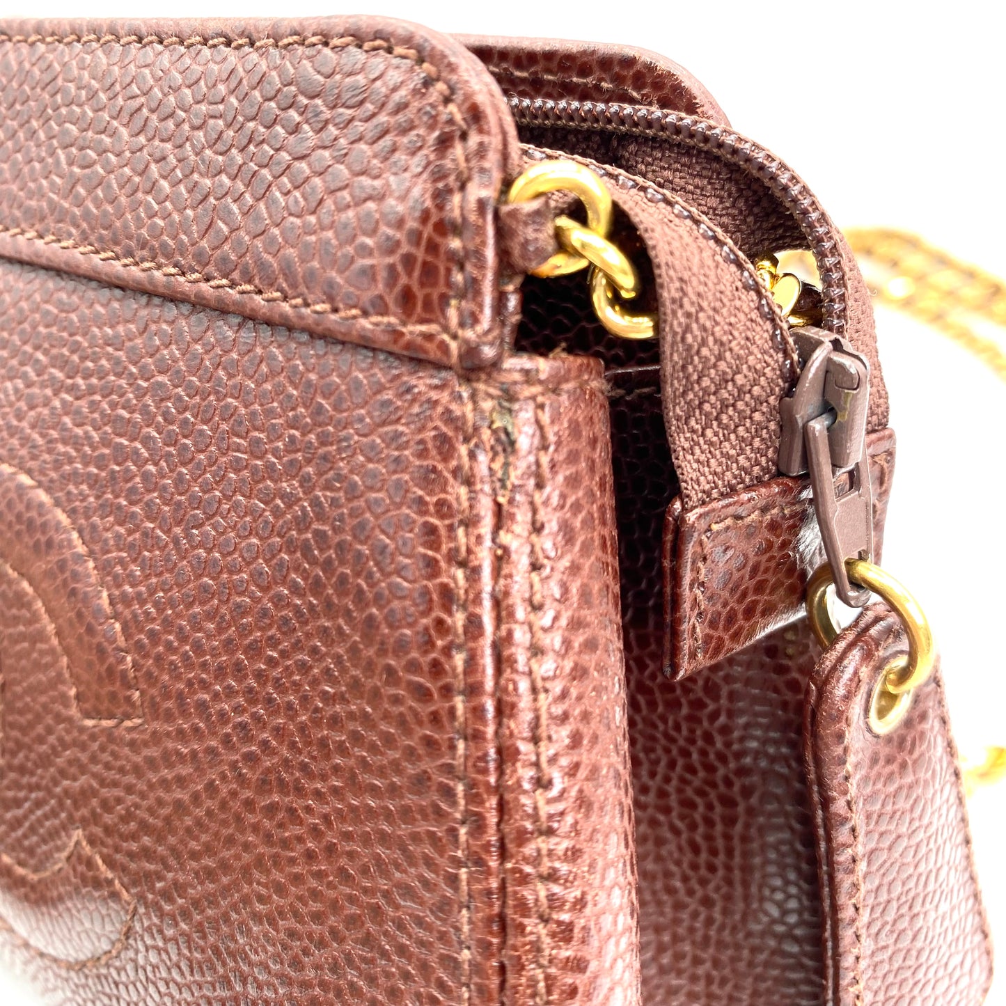 Eljayne, Vintage Authentic Chanel 5 series mini brown caviar "dumpling" with seal and card