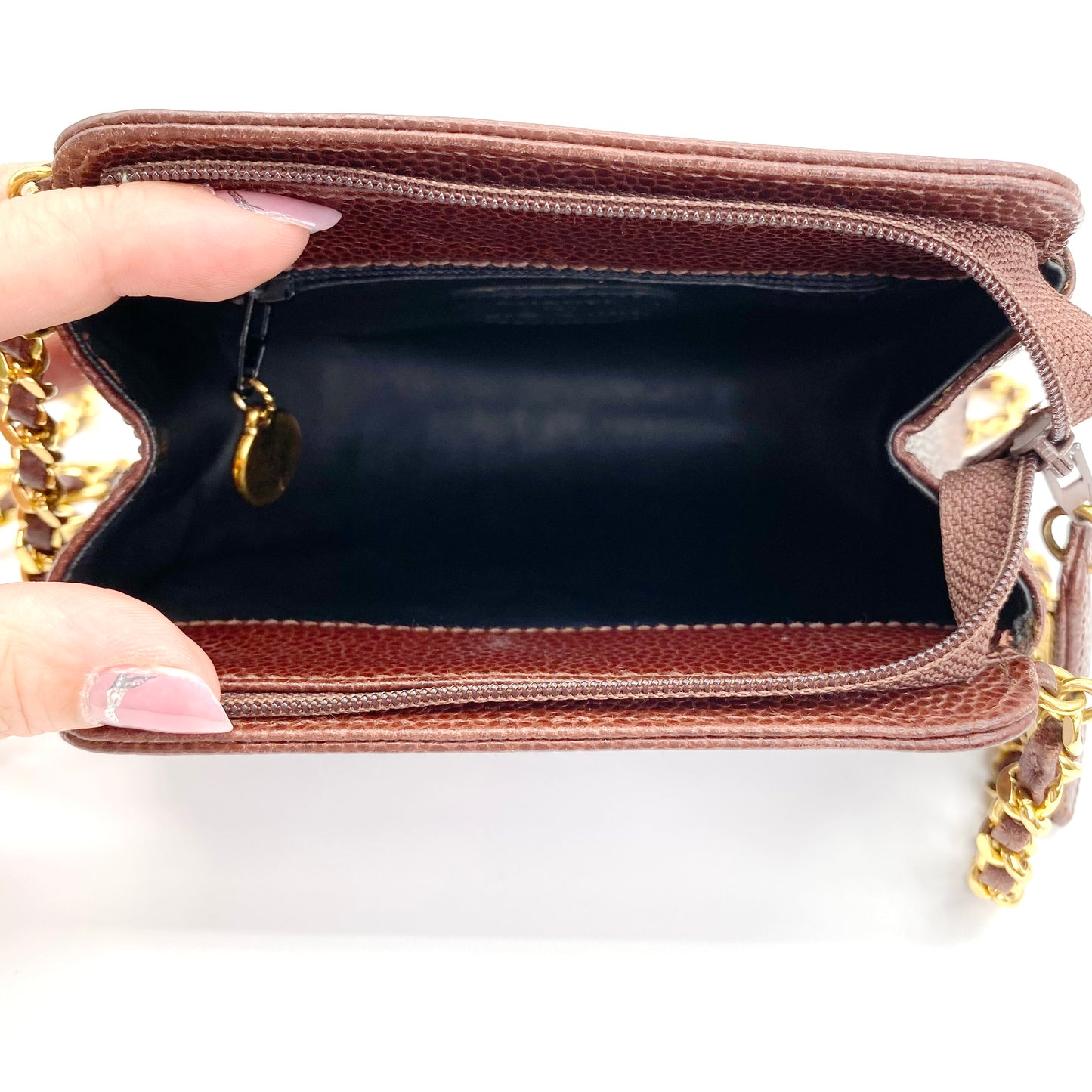 Eljayne, Vintage Authentic Chanel 5 series mini brown caviar "dumpling" with seal and card