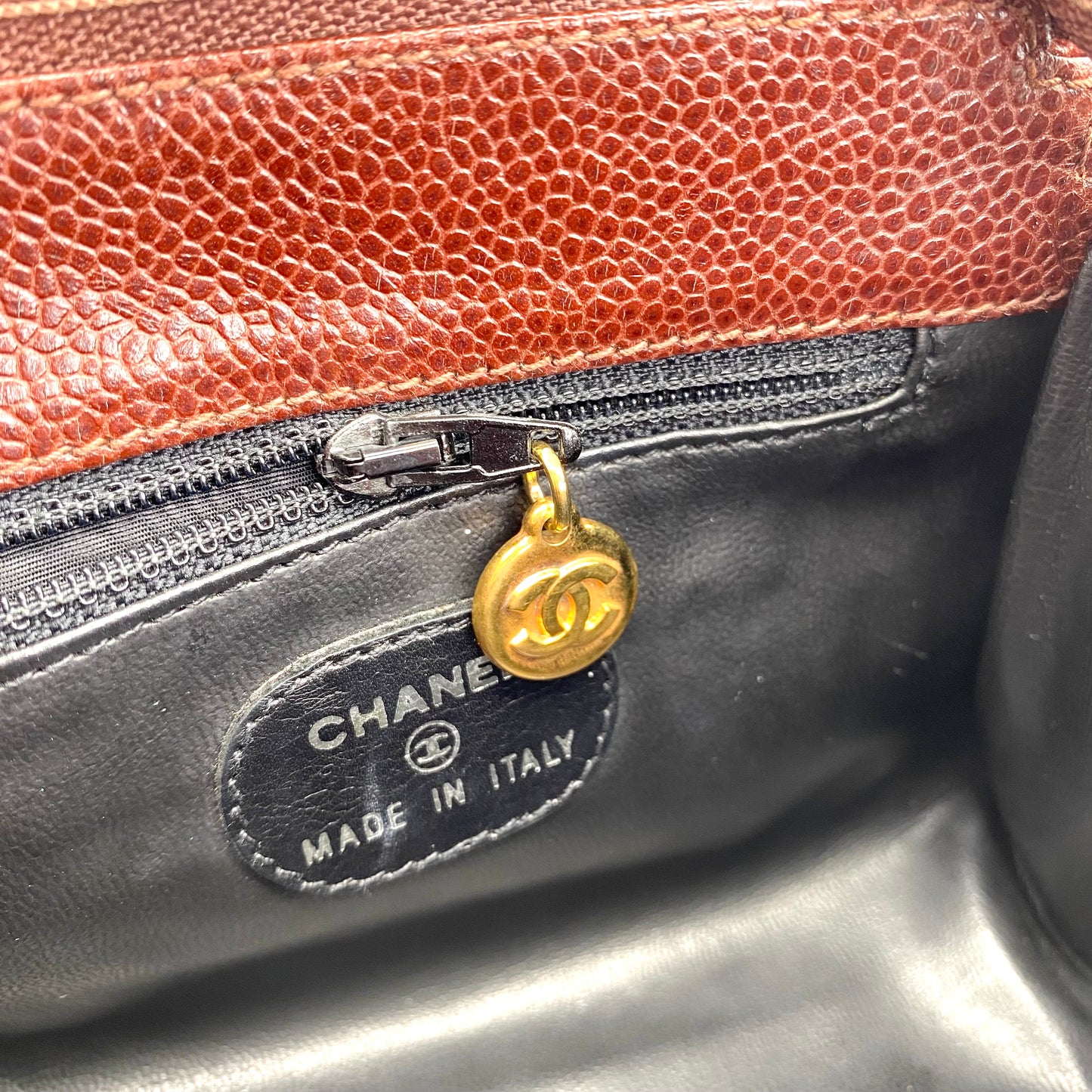Eljayne, Vintage Authentic Chanel 5 series mini brown caviar "dumpling" with seal and card