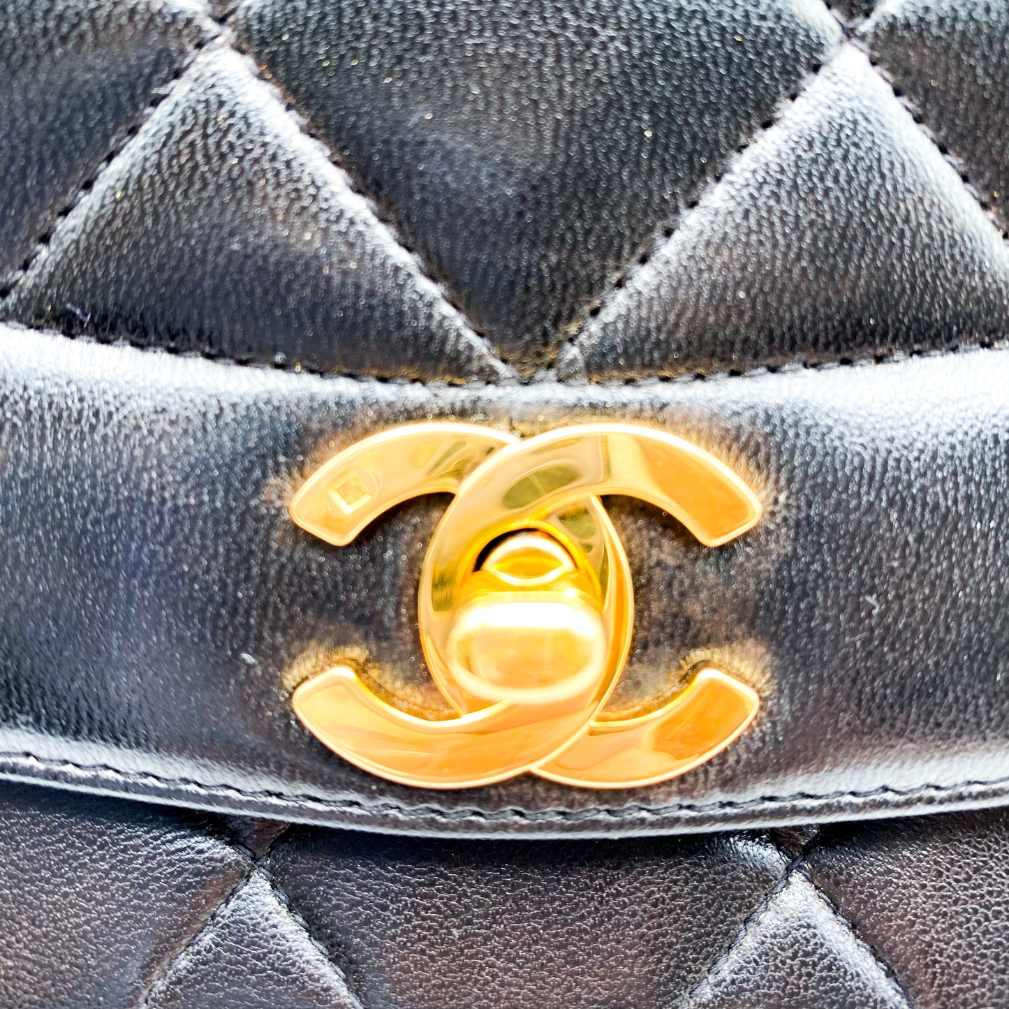 Theodoro, Vintage Authentic Chanel 2 series small black lambskin diana with seal and card