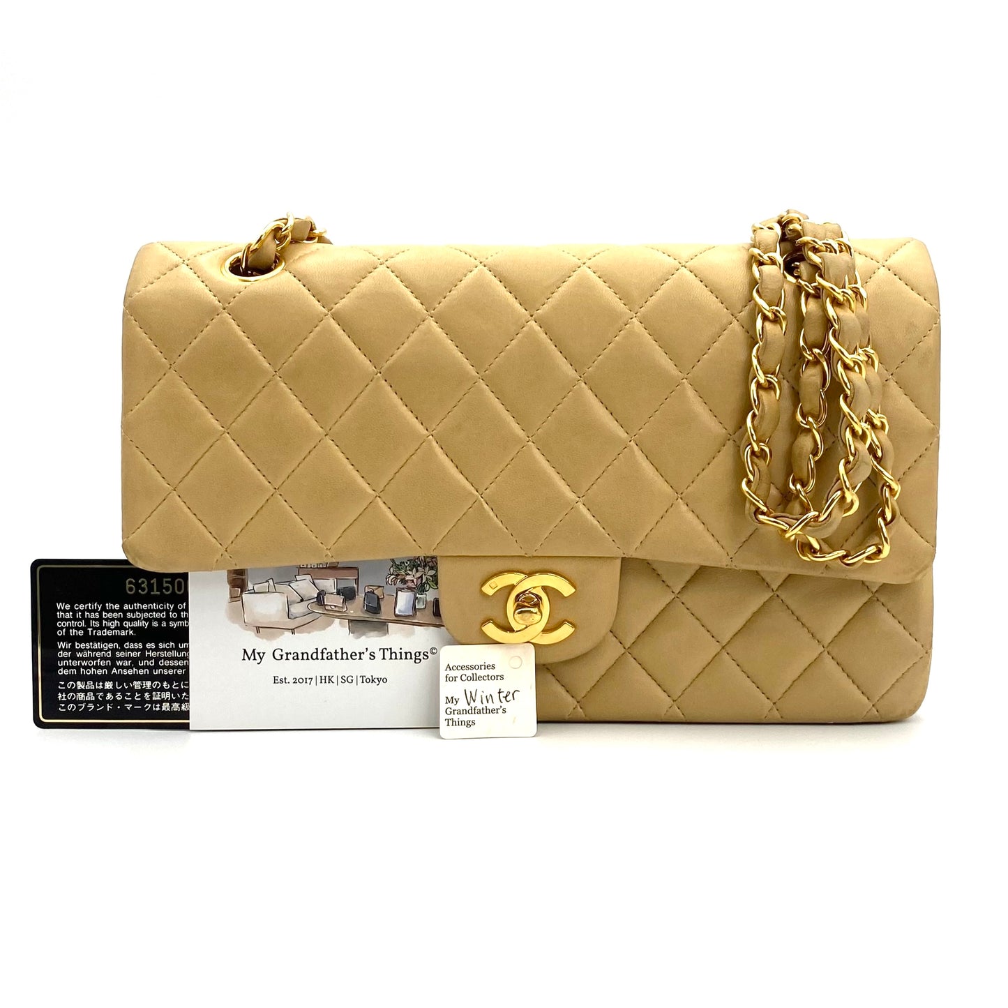 Winter, Vintage Authentic Chanel 6 series medium classic flap beige lambskin with seal and card