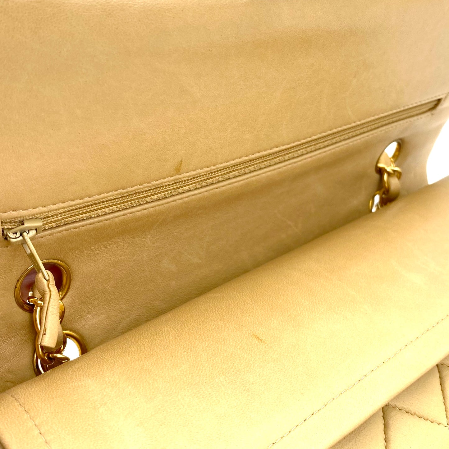 Winter, Vintage Authentic Chanel 6 series medium classic flap beige lambskin with seal and card