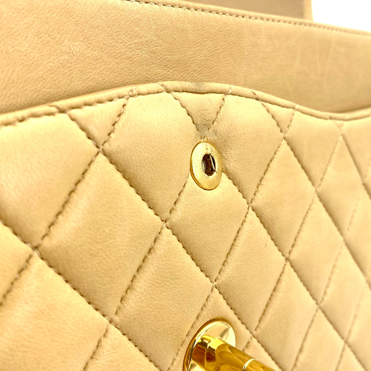 Winter, Vintage Authentic Chanel 6 series medium classic flap beige lambskin with seal and card