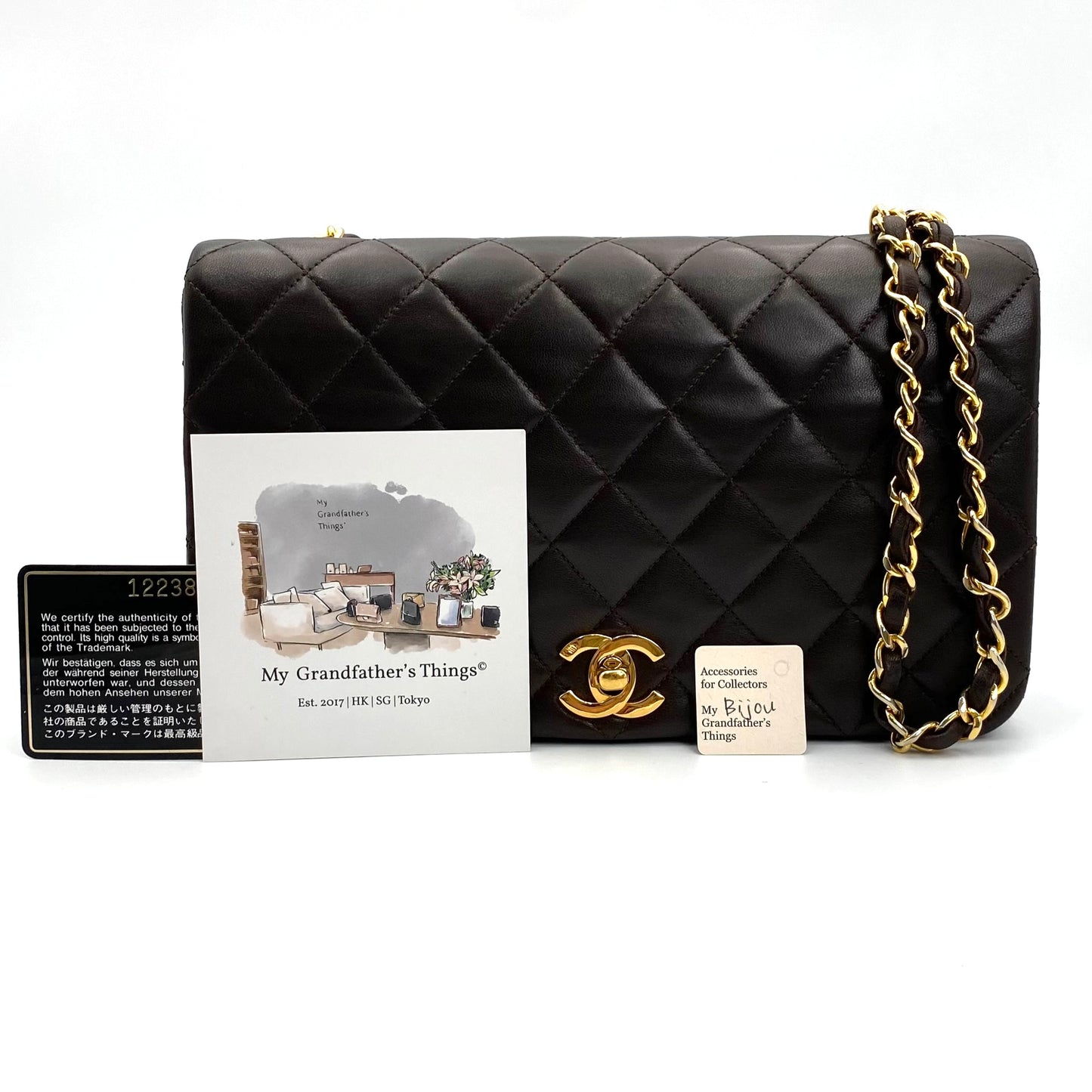 Bijou, Vintage Chanel 1 series Full Flap Chain Brown Lambskin with card and seal