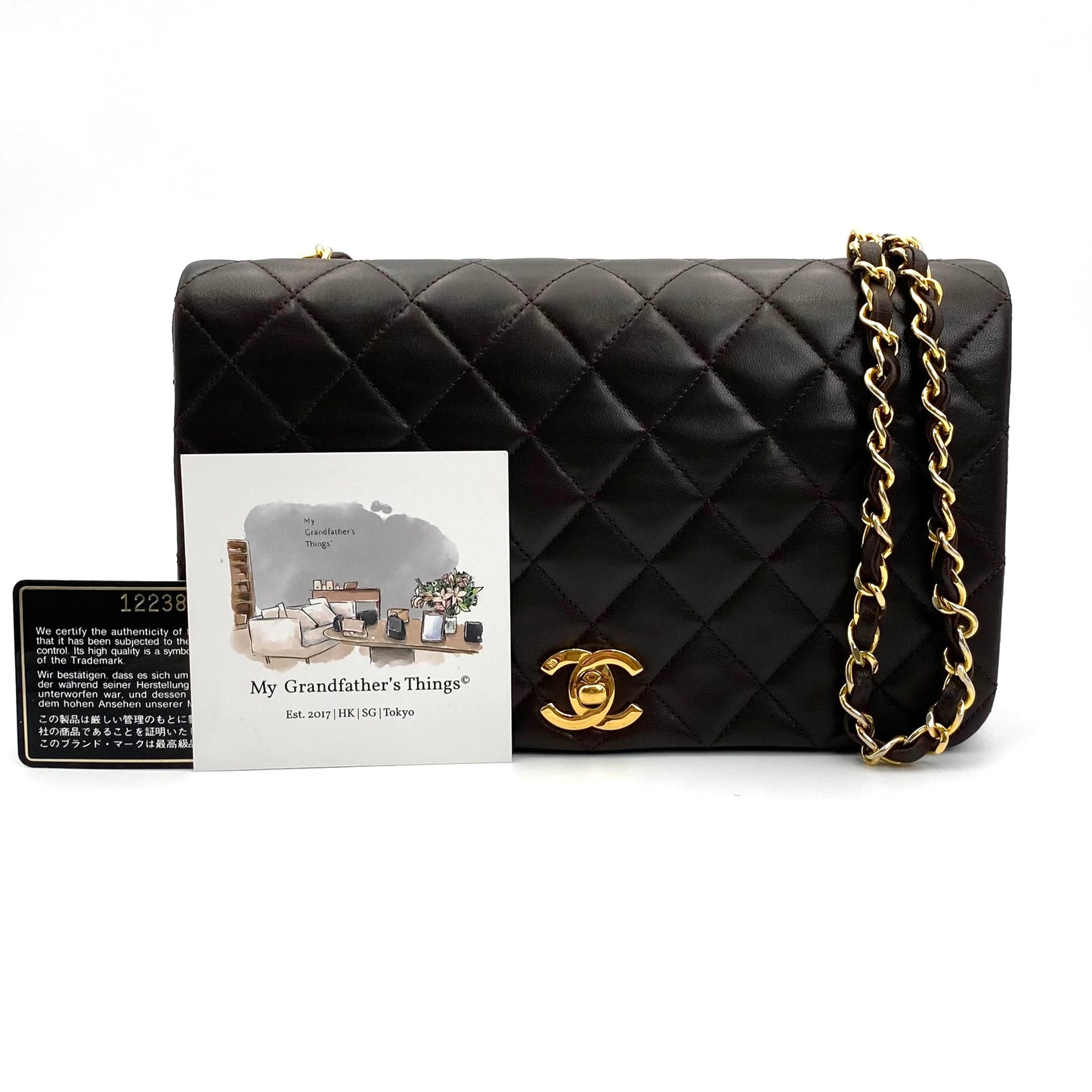 Bijou, Vintage Chanel 1 series Full Flap Chain Brown Lambskin with card and seal