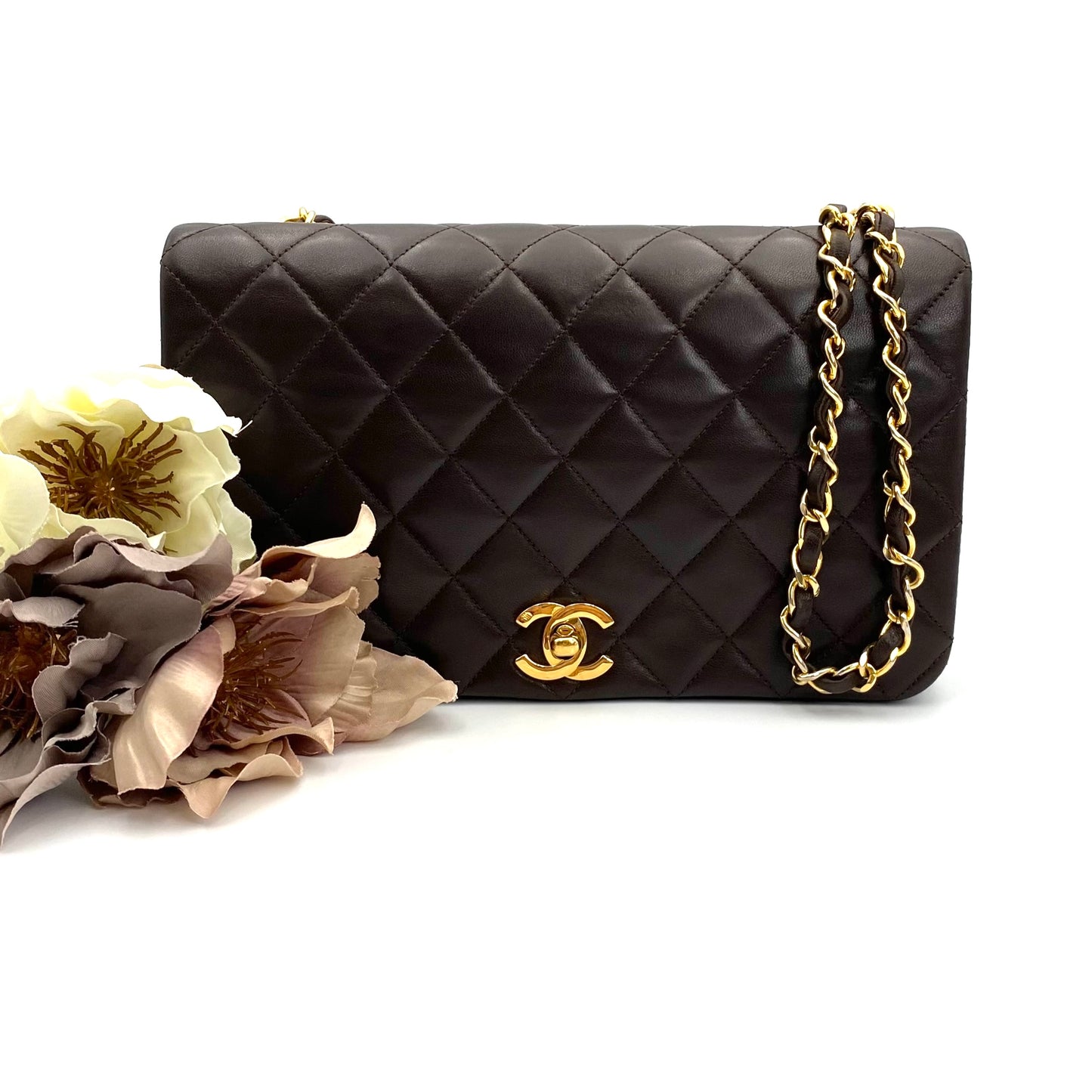 Bijou, Vintage Chanel 1 series Full Flap Chain Brown Lambskin with card and seal