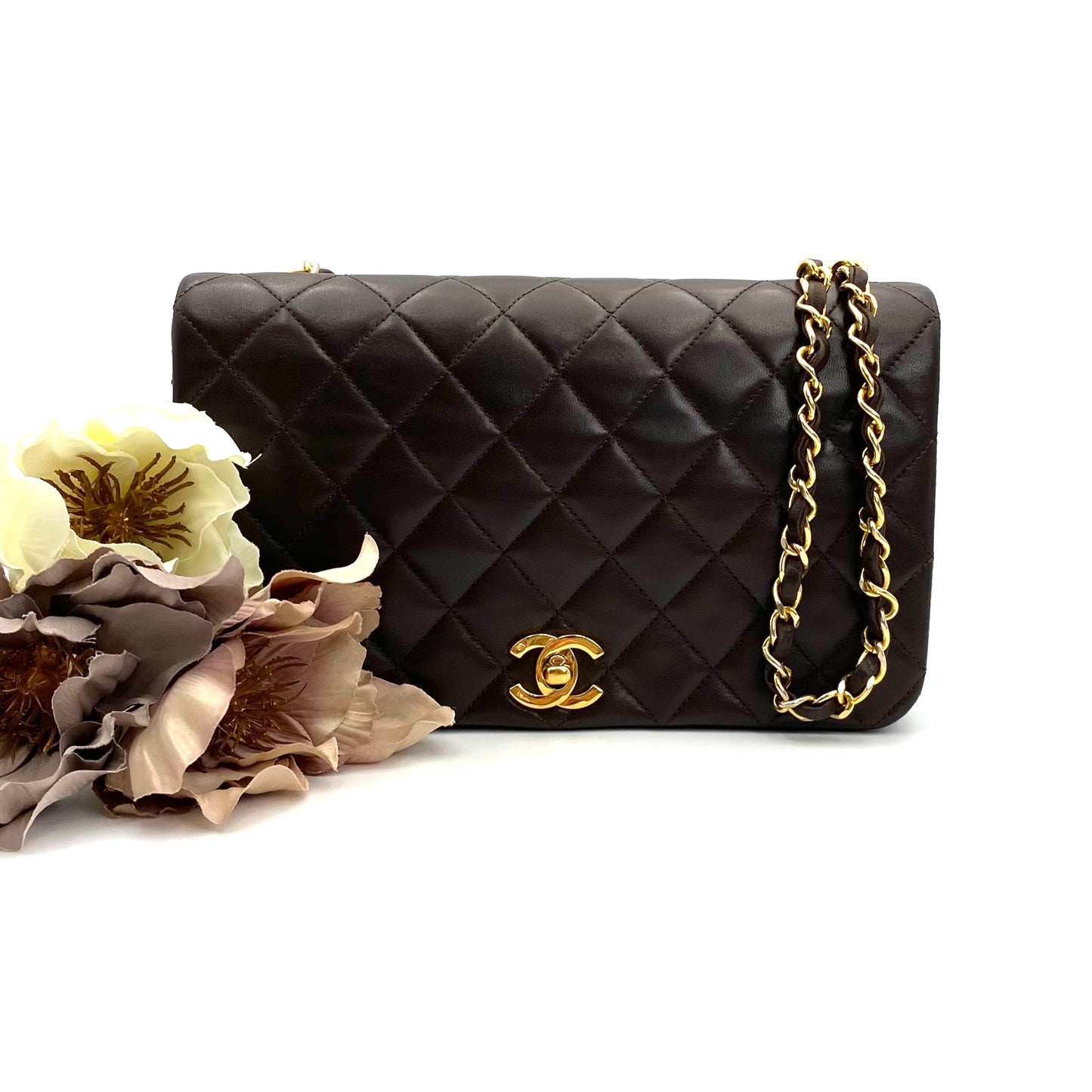 Bijou, Vintage Chanel 1 series Full Flap Chain Brown Lambskin with card and seal