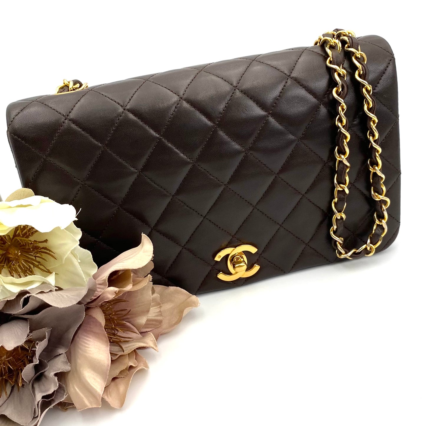 Bijou, Vintage Chanel 1 series Full Flap Chain Brown Lambskin with card and seal
