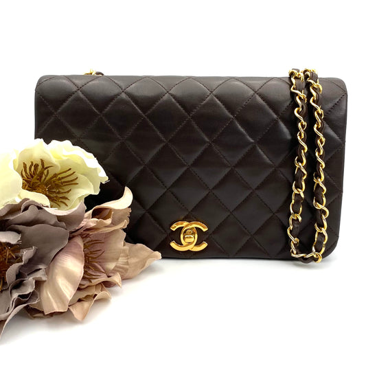 Bijou, Vintage Chanel 1 series Full Flap Chain Brown Lambskin with card and seal