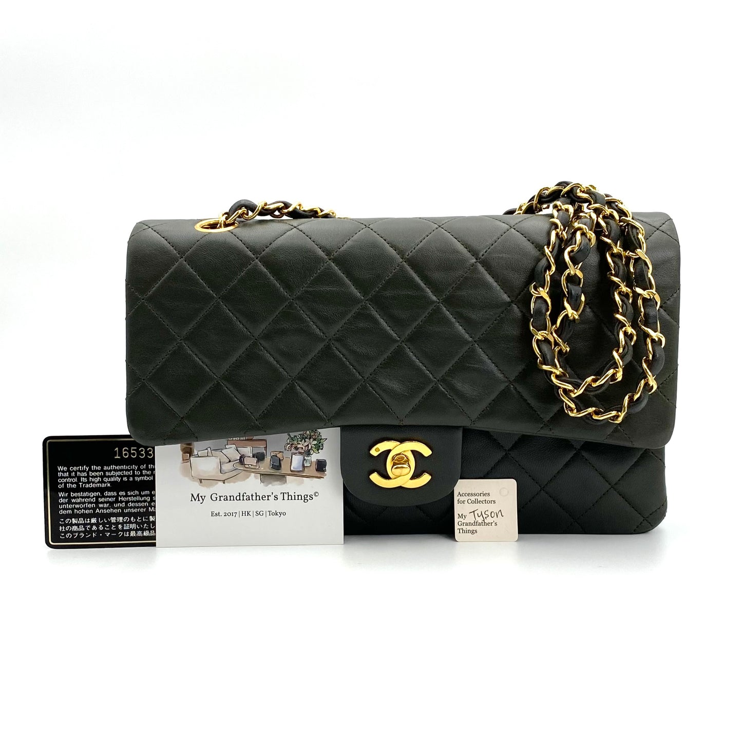 Tyson, Vintage Authentic Chanel 1 series medium classic flap khaki classic flap with seal and card