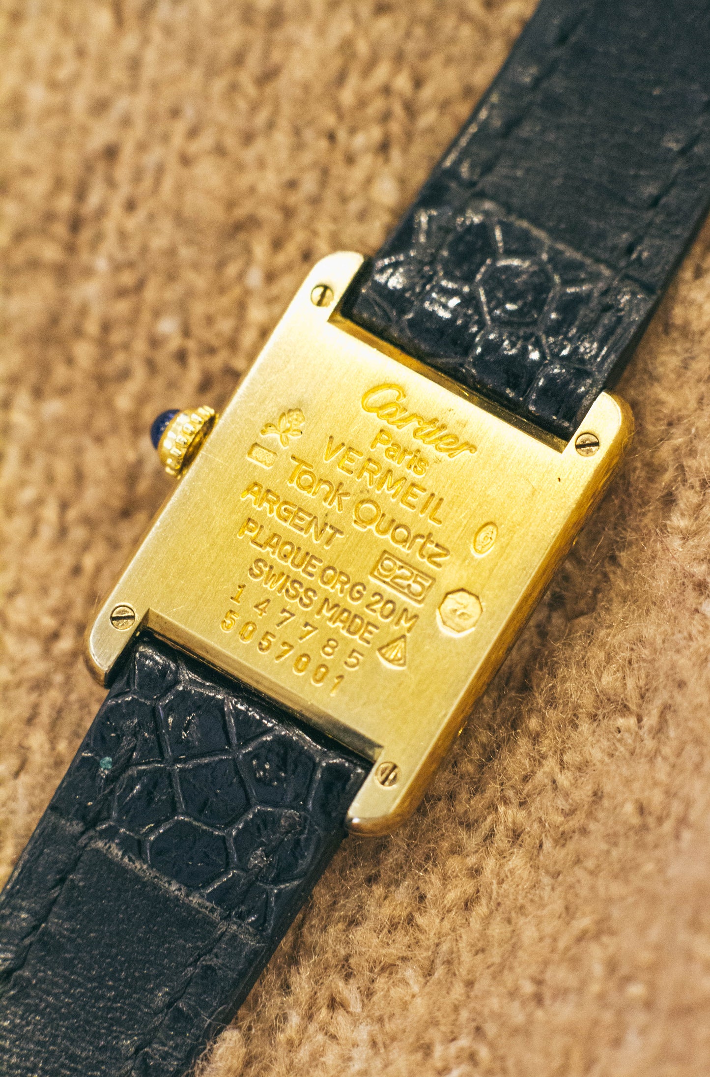 Enigma, Vintage Authentic Cartier 1980-1990's tank vermeil 925 gold plated column white roman dial with gold lapted pin buckle