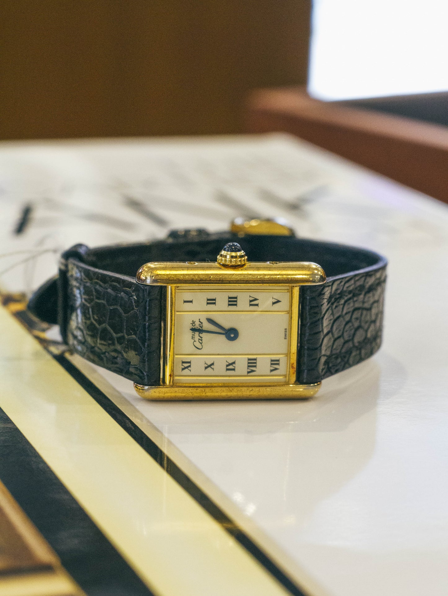 Enigma, Vintage Authentic Cartier 1980-1990's tank vermeil 925 gold plated column white roman dial with gold lapted pin buckle