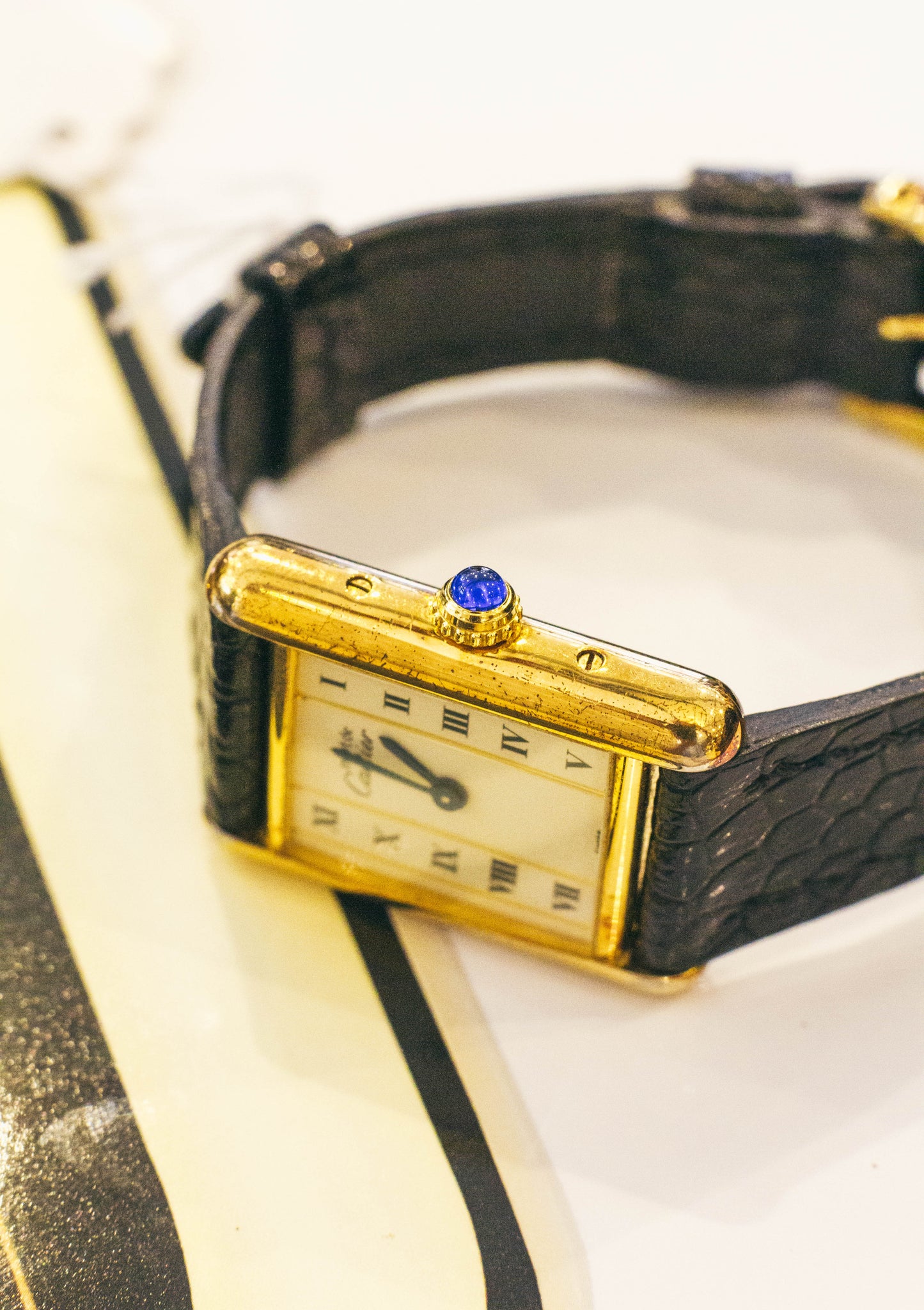 Enigma, Vintage Authentic Cartier 1980-1990's tank vermeil 925 gold plated column white roman dial with gold lapted pin buckle
