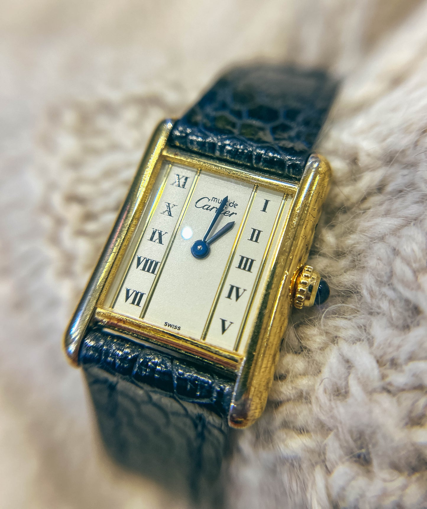 Enigma, Vintage Authentic Cartier 1980-1990's tank vermeil 925 gold plated column white roman dial with gold lapted pin buckle