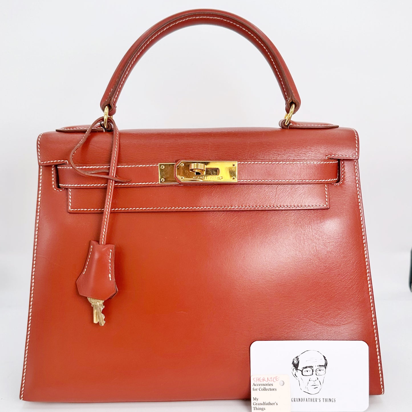 Shernice, Vintage Authentic Hermes ⭕X 1994 kelly 28 sellier quilting brique box bag GHW with strap, key and clochette