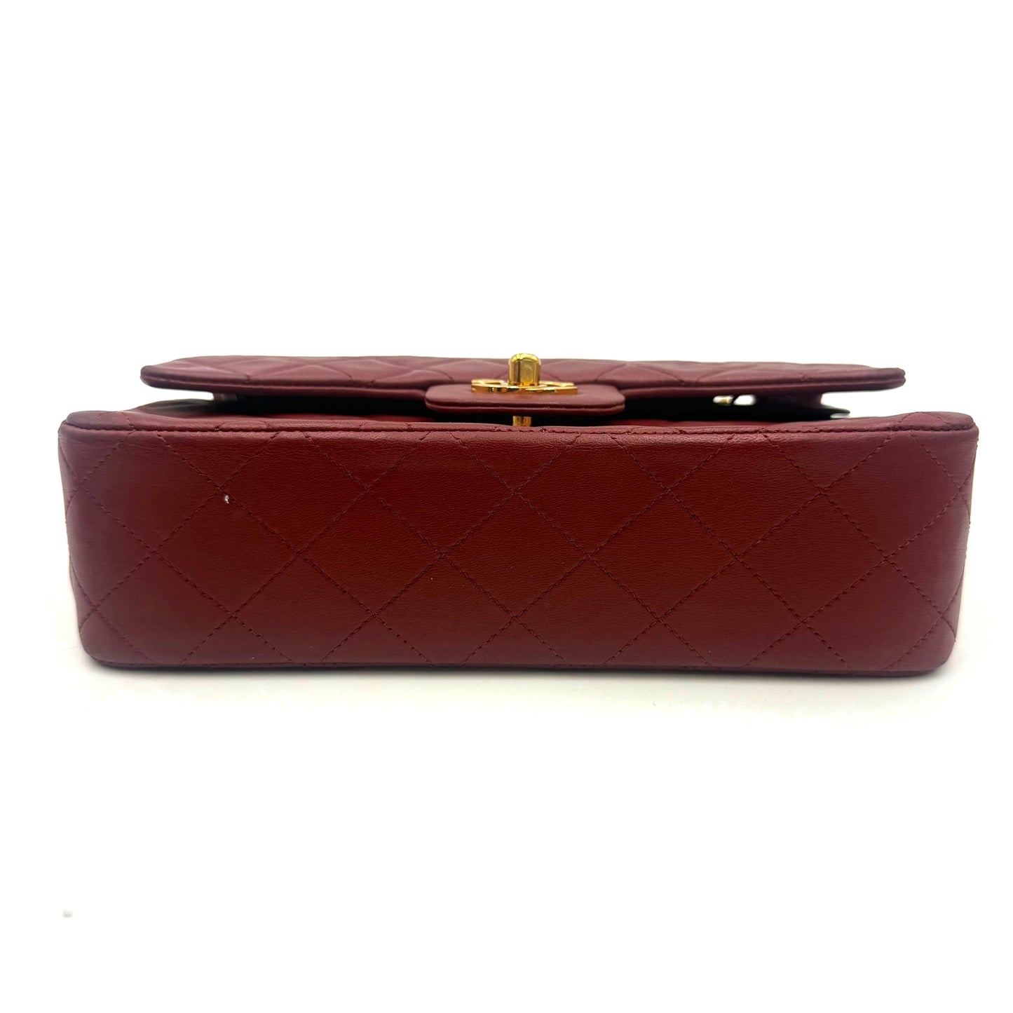 Dahlia, 1 series small classic flap burgundy lambskin with contrast black lining seal and card